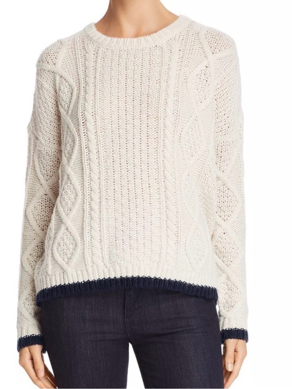 Velvet by Graham & Spencer Cream Cable Knit Sweater with Navy Trim
